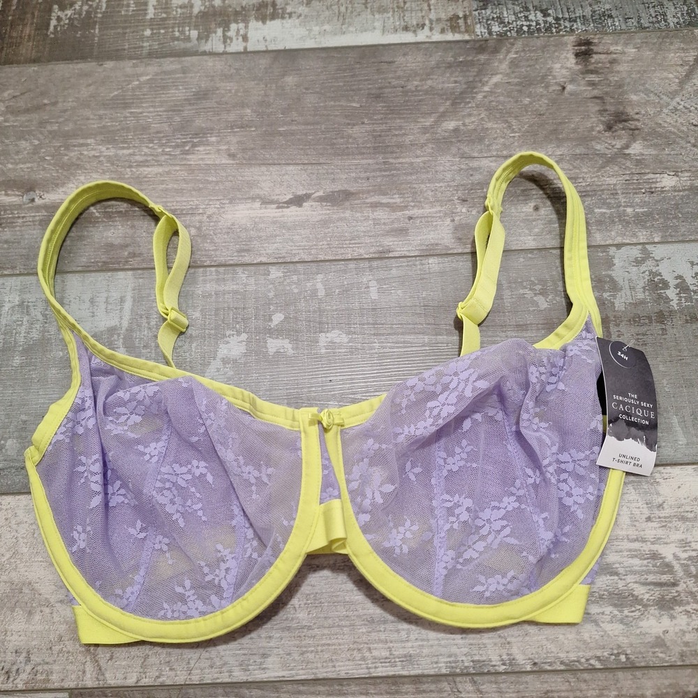 New Cacique 34H Seriously Sexy Balconette Unlined Tshirt Lace Purple Neon Green